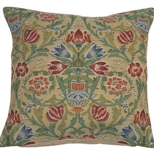 Elegant Belgian Floral Tapestry Pillow Cover - William Morris Inspired Jacquard Woven Gobelin Cushion 16x16 inch