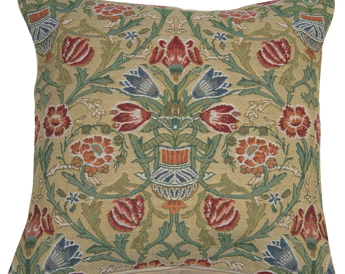 Belgian Floral Tapestry Pillow Cover - Jacquard Woven Gobelin Cushion Case by William Morris - Square Throw Pillow Covers 16x16 inch