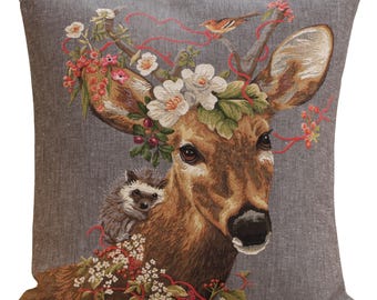 Forest Stag Grey Belgian Woven Tapestry Cushion Cover 18x18 inch Inch, Couch Pillow Case or Rustic Throw Pillow Cover