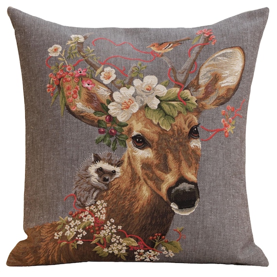 Forest Stag Belgian Tapestry Cushion Cover: Rustic Throw Pillow (18x18 inch)