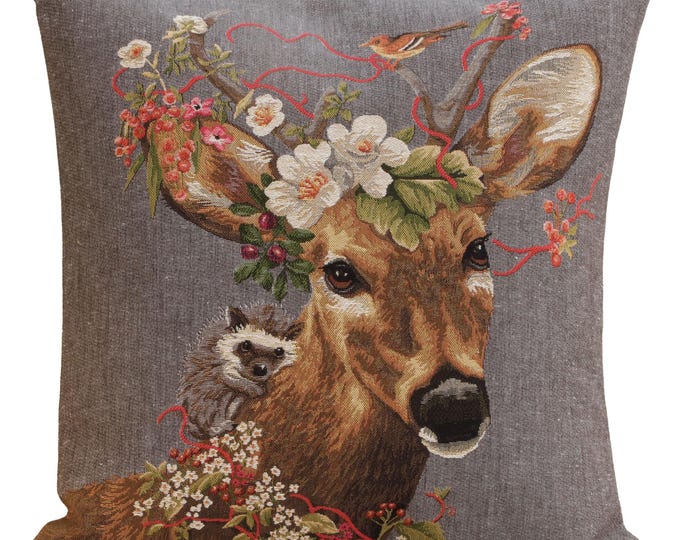 Forest Stag Belgian Tapestry Cushion Cover: Rustic Throw Pillow (18x18 inch)