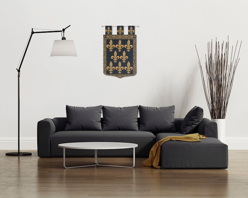 Fleur De Lys With Loops European Wall Tapestry - Floral Medieval Wall Decor Art - Woven Belgian Wall Tapestry - Decorative Wall Hanging