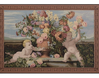 Angels and Flowers European Wall Tapestry - Colorful Floral Bouquet Wall Decor Art - Woven Italian Wall Tapestry - Decorative Wall Hanging