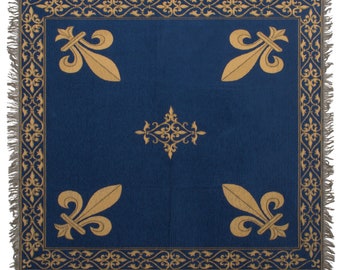 Fleur de Lys Blue Tapestry Throw – Belgian Woven Decorative Blanket – Square Blue Chenille Throw