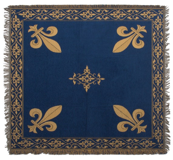 Fleur de Lys Tapestry Throw: Belgian Woven Blue Chenille Blanket