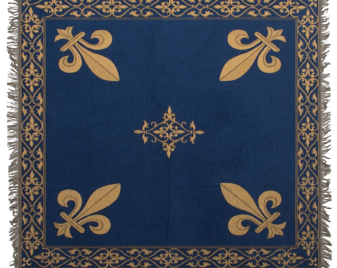 Fleur de Lys Tapestry Throw: Belgian Woven Blue Chenille Blanket