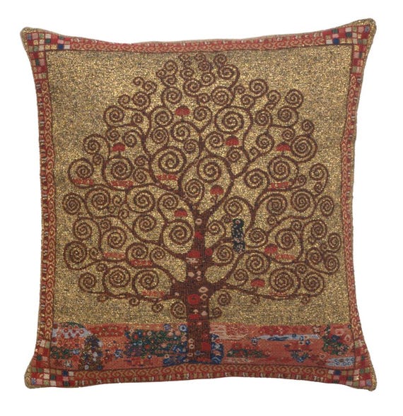 Klimt Tree of Life Tapestry Pillow Cover: Belgian Woven Art, 16x16
