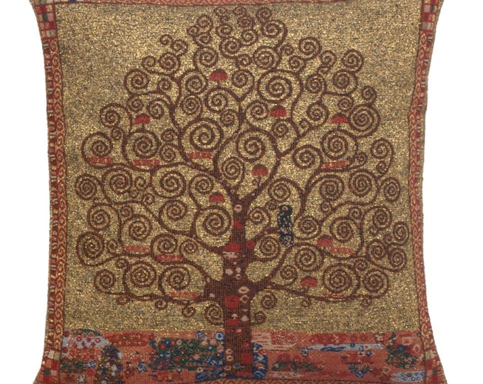 Klimt Tree of Life Tapestry Pillow Cover: Belgian Woven Art, 16x16