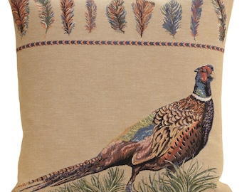 Rustic Belgian Pheasant Tapestry Cushion Cover - 18x18 Inch Woven Decorative Pillow Case for Home Decor