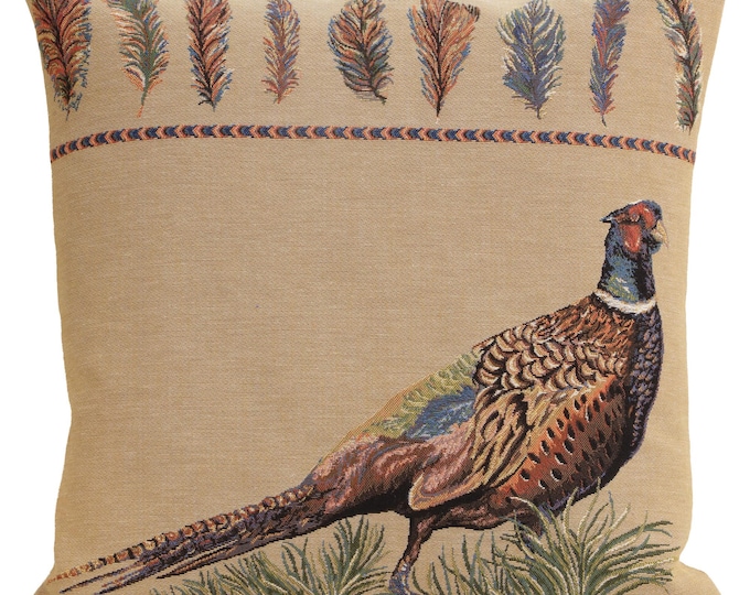 Belgian Tapestry Pillow Cover: Rustic Pheasant Design, 18x18 Inch