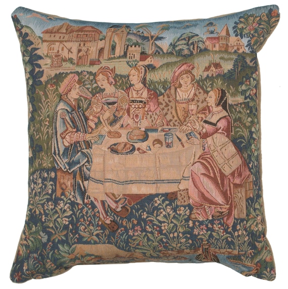 French Tapestry Cushion Cover: Medieval Feast Jacquard Pillow (19x19 inch)