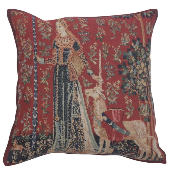 Unicorn Tapestry Pillow Cover: Millefleur Art, Woven in Belgium, 17x17