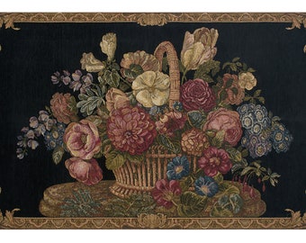 Flower Basket with Black Chenille Background European Wall Tapestry - Floral Decorative Wall Hanging - Woven Jacquard Italian Wall Tapestry