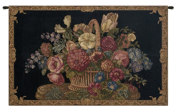Floral Basket Wall Tapestry: Black Chenille Background, Woven Jacquard