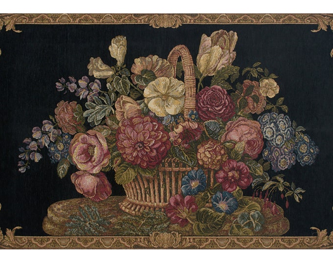 Flower Basket with Black Chenille Background European Wall Tapestry - Floral Decorative Wall Hanging - Woven Jacquard Italian Wall Tapestry