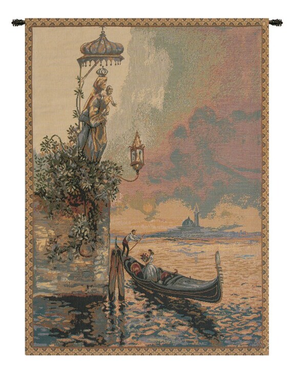 Italian Gondola Wall Tapestry: Venice Scene, Lady and Child, Woven Art (26x19 inch)