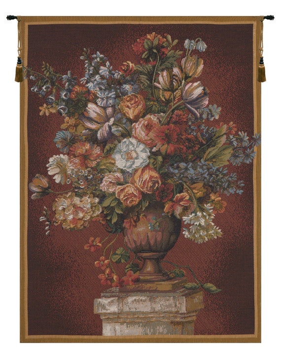 French Woven Floral Tapestry: Red Bouquet Wall Hanging (38x28 inch)