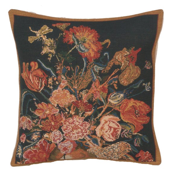 Belgian Tapestry Floral Cushion Cover: Black Flora Cotta Throw Pillow (16x16 Inch)