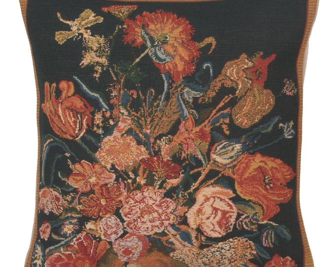 Belgian Tapestry Floral Cushion Cover: Black Flora Cotta Throw Pillow (16x16 Inch)