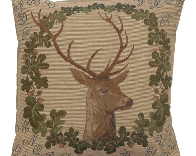Stag Tapestry Pillow Cover: French Woven Cotton Throw Pillow (19x19 inch)