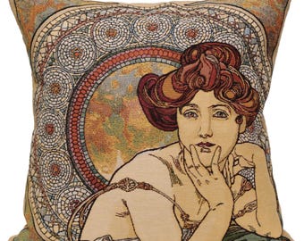 Mucha Topaze Throw Pillow Cover Art Nouveau Belgian Woven Tapestry Cushion 18x18 in
