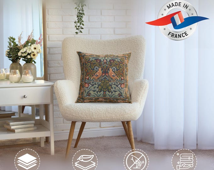 William Morris Bird Tapestry Pillow Cover: French Woven Cotton Cushion (19x19)