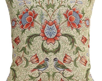 Birds & Flowers Green Tapestry Pillow Cover 18x18 inch inch – Nature-Inspired Decorative Cushion Cover – Woven Throw Pillows Case