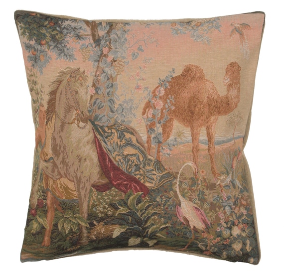 French Tapestry Pillow Cover: Cheval Drape, Horse & Camel Design (19x19 inch)
