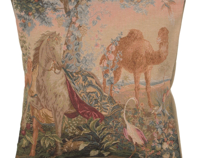 French Tapestry Pillow Cover: Cheval Drape, Horse & Camel Design (19x19 inch)