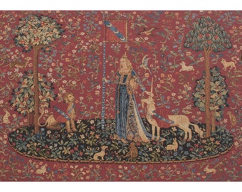 Touch Toucher European Wall Tapestry - Lady and Unicorn Wall Decor Art - Medieval Woven Wall Hanging - Millefleurs Background Wall Tapestry