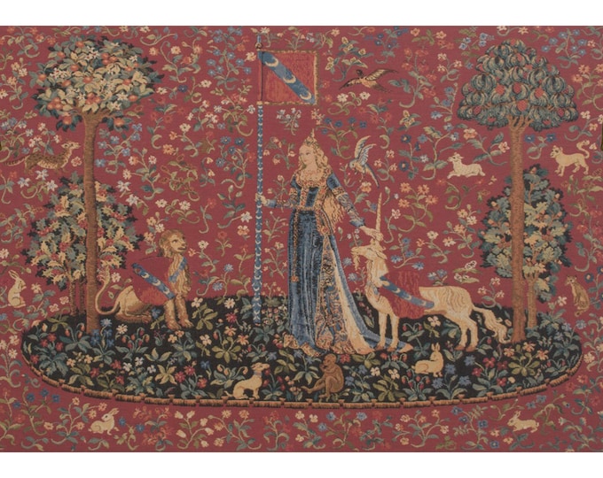 Lady and Unicorn Tapestry: Medieval Millefleurs Woven Wall Hanging