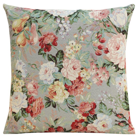 Floral Tapestry Pillow Cover: Berries Field Jacquard Woven Throw Pillow (18x18 inch)