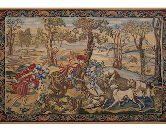 Hunt of the Boar European Wall Tapestry Woven - Medieval Decorative Wall Art - Unique Belgian Woven Wall Hanging