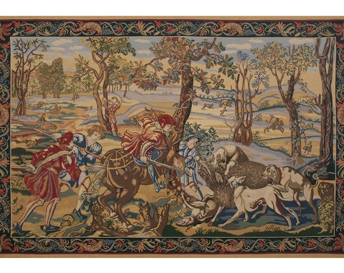Boar Hunt Woven Wall Tapestry: Medieval European Decor