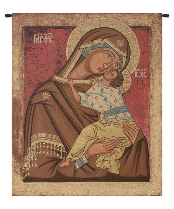 Madonna and Child Tapestry: Italian Jacquard Woven Religious Wall Decor