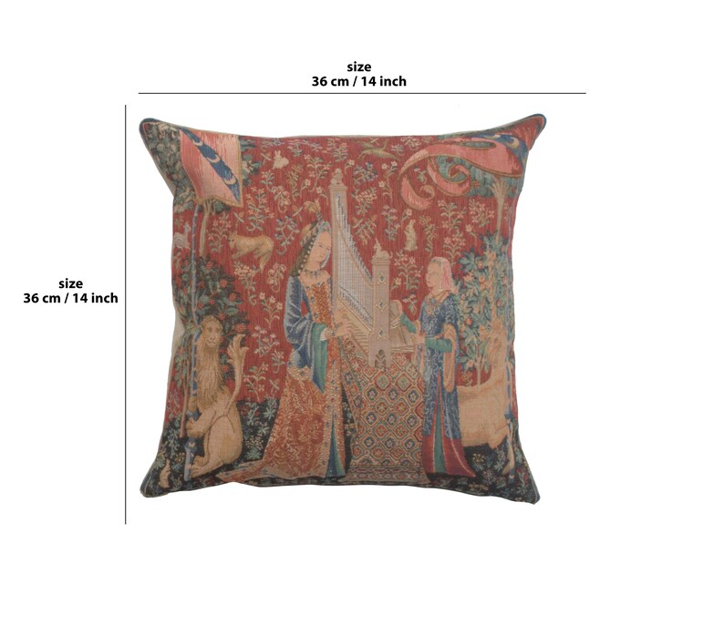 The Hearing I Small Cushion Cover Medieval Tapestry Pillow Cover Floral Throw Tapestry Cushion Cover 14x14 inch Decorative Pillowcover image 2