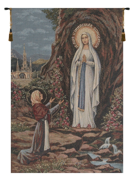 Our Lady of Lourdes Woven Tapestry: Italian Religious Wall Art