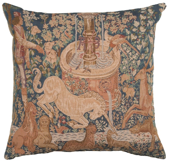 Unicorn Tapestry Pillow Cover: La Licorne a la Fontaine, Millefleur Woven Cotton (19x19)