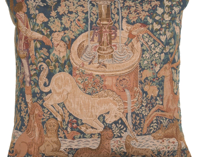 Unicorn Tapestry Pillow Cover: La Licorne a la Fontaine, Millefleur Woven Cotton (19x19)