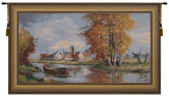 Flemish Village Tapestry: Belgian Woven Landscape Wall Art (38x64 inch)