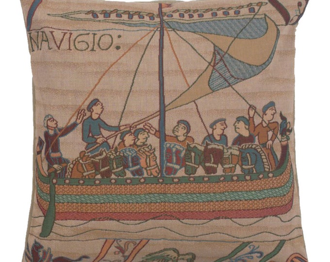 Bayeux Tapestry Cushion Cover: French Woven Pillow, Medieval Boat Design (19x19 inch)