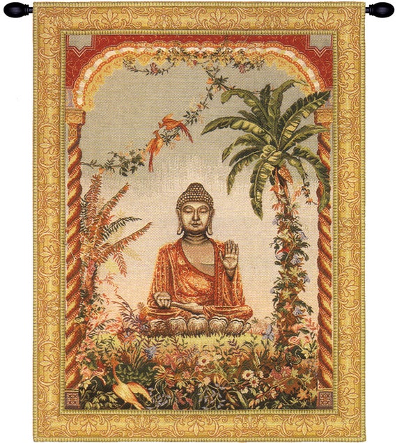 Vintage European Buddha Tapestry - Antique Religious Jacquard Wall Hanging - Unique French Woven Art