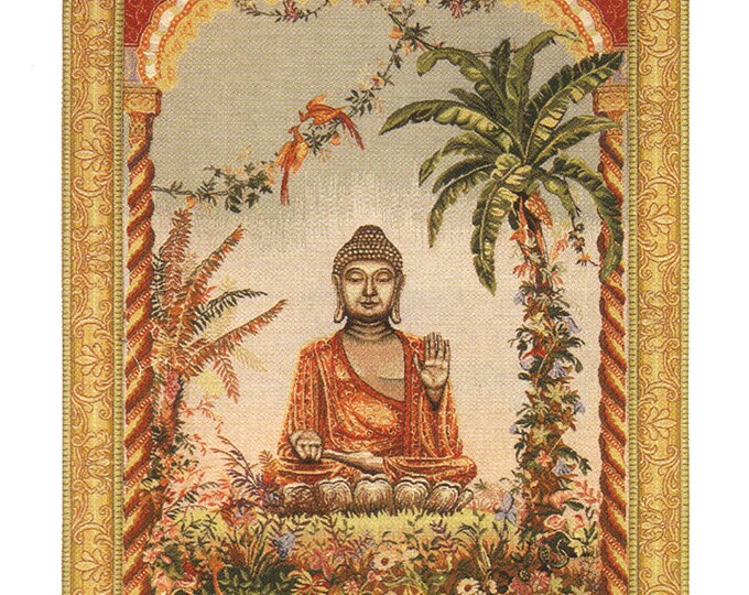 Vintage European Buddha Tapestry - Antique Religious Jacquard Wall Hanging - Unique French Woven Art