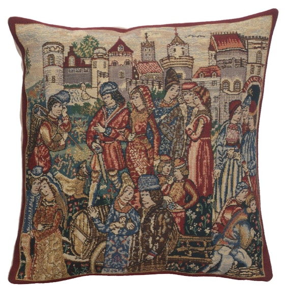Belgian Tapestry Pillow Cover: Vintage Wine Merchant Design, 16x16 inch