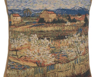 Le Crau with Peach Trees French Tapestry Cushion Cover - Van Gogh Art Pillow Cover - Woven Cushion Cover - 16x16 inch Couch Cushion Cover