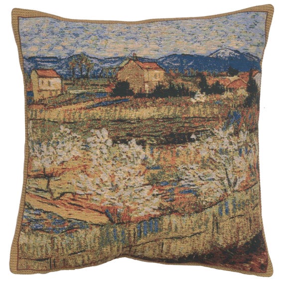 Le Crau with Peach Trees French Tapestry Cushion Cover - Van Gogh Art Pillow Cover - Woven Cushion Cover - 16x16 inch Couch Cushion Cover