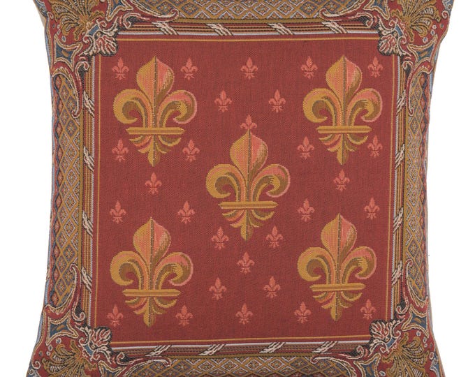 Fleur de Lis Tapestry Cushion Cover: Red Jacquard Sofa Pillow (19x19 inch)