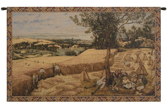 Woven European Harvest Scene Wall Tapestry - Jacquard Landscape Art Decor with Peasant Imagery