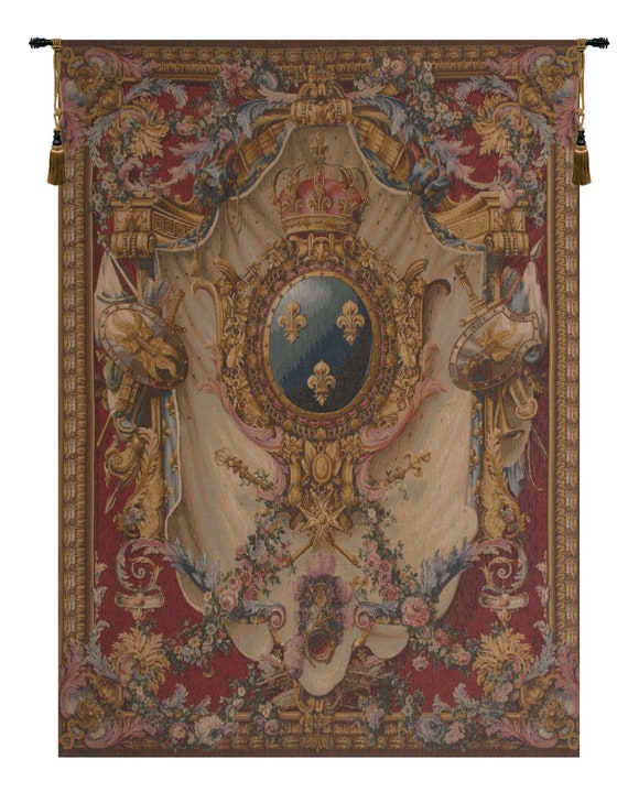 French Tapestry: Medieval Armoiries Red Floral Wall Hanging