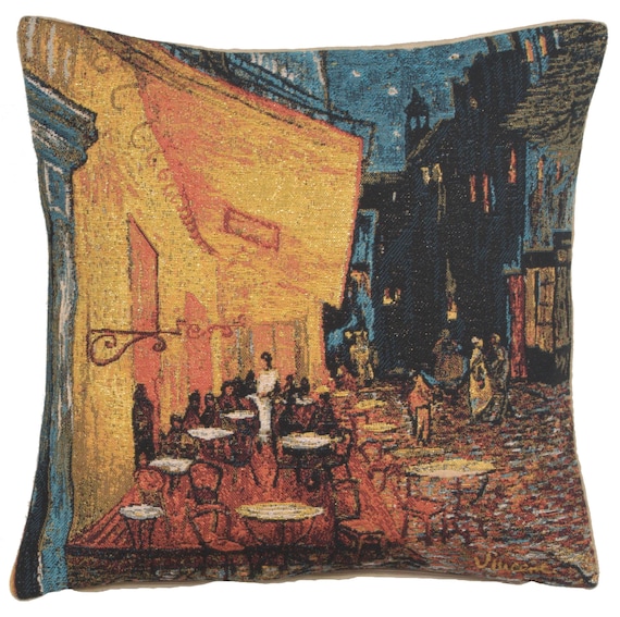 Van Gogh Cafe Terrace at Night Pillow Cover: Woven Belgian Tapestry (18x18)